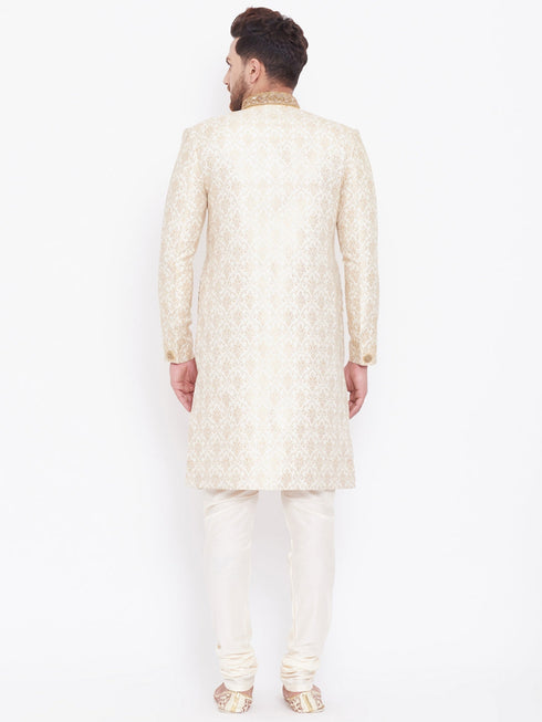 Vastramay Men's Beige And Gold Embroidered Brocade Sherwani Set